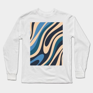 Wavy Loops Retro Abstract Pattern Blue and Beige Long Sleeve T-Shirt